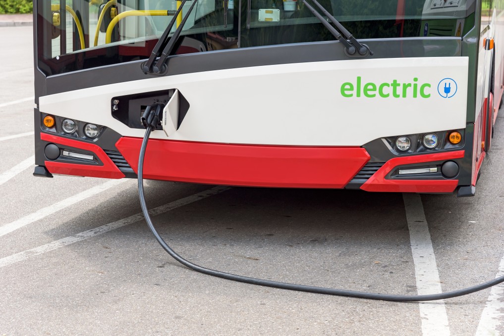 Closeup of electric bus of public transport at the charging station