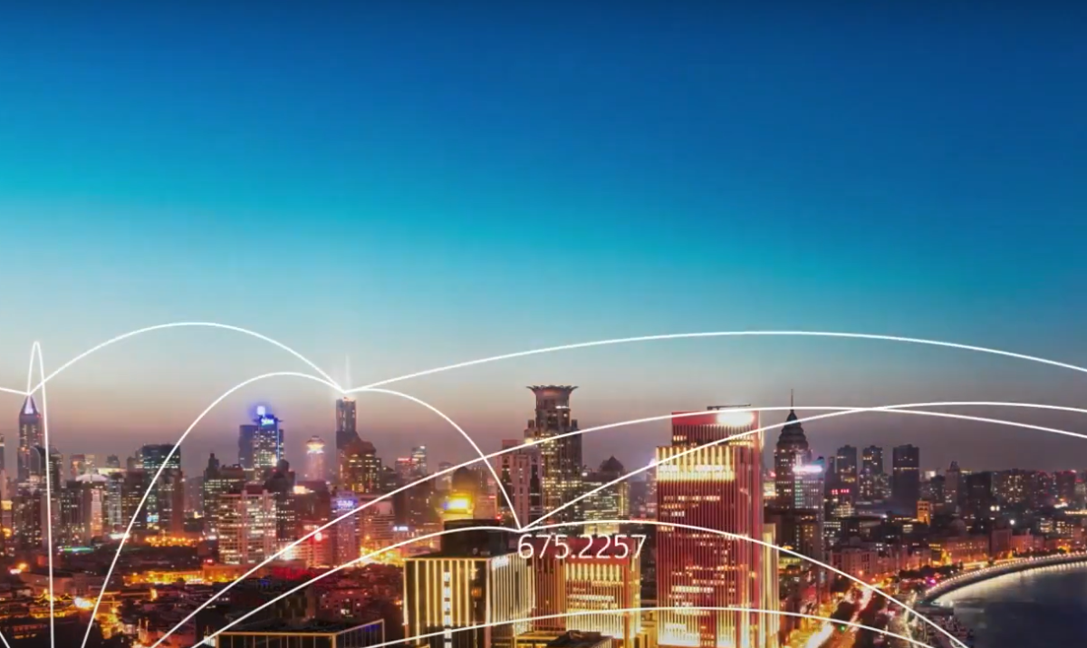 shot of city with line showing interconnective using IoT
